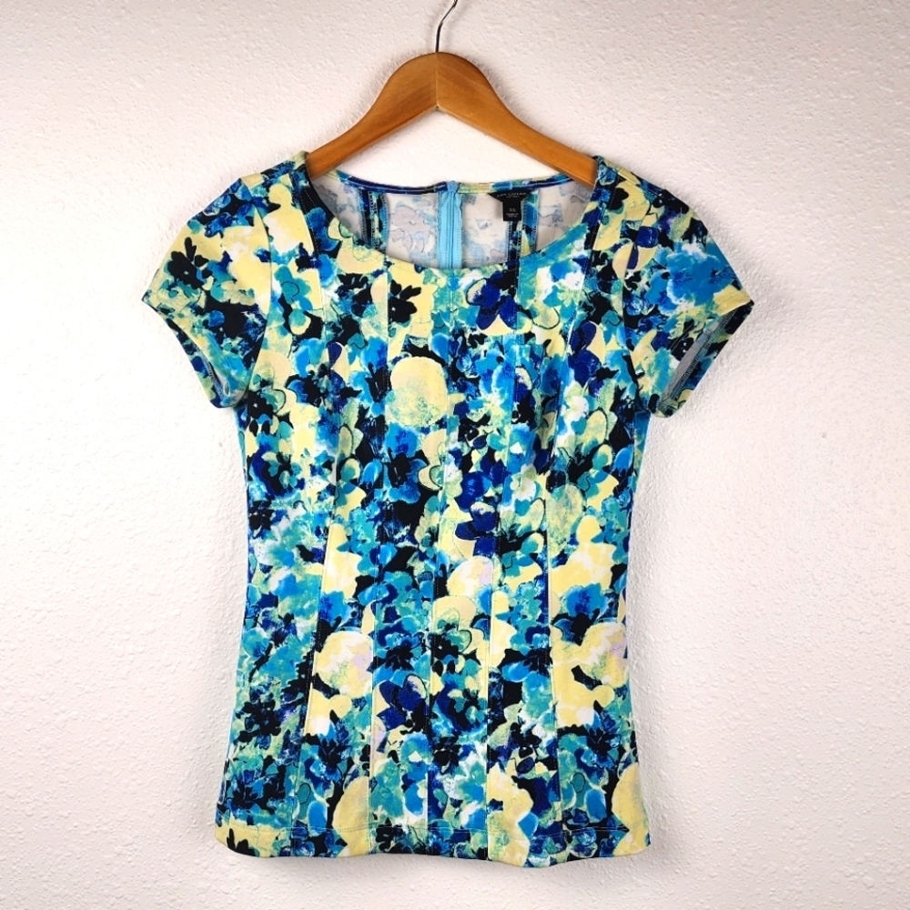 Ann Taylor Fitted Corset Style Blue Floral Short Sleeve Blouse Top Size XS
